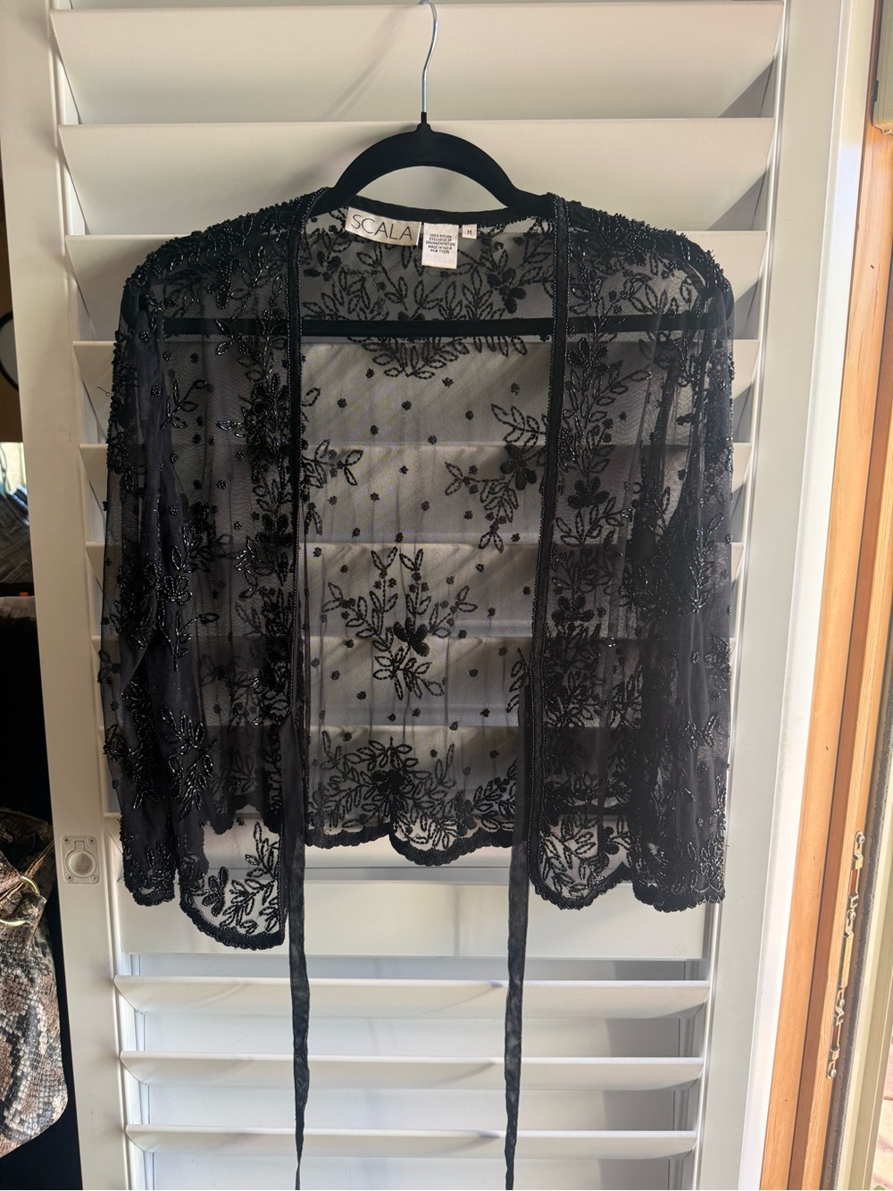 Scala Black Sheer Beaded Floral Overlay Jacket Medium